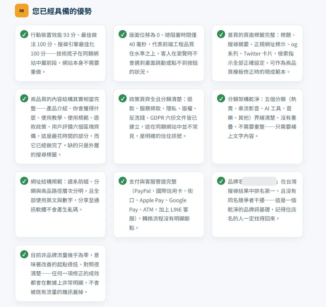 報告節錄：「你已經做對的」章節，列出網站已經具備的優勢與不需要更動的項目